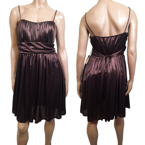 Vintage 90s Deadstock Brown Babydoll Swing Dress Size 16 Party Prom Sash Shiny - Picture 1 of 8